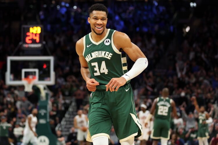 Giannis Antetokounmpo #34 of the Milwaukee Bucks reacts to a three point shot during a game against the Cleveland Cavaliers
