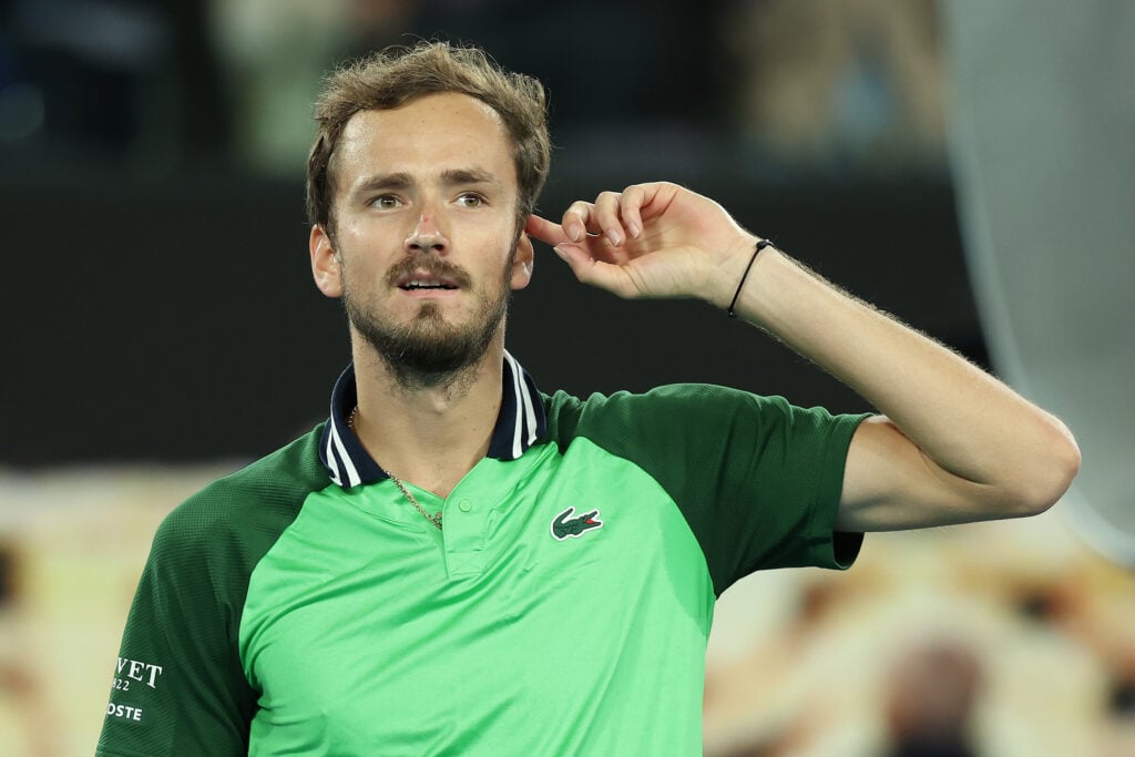 Danil Medvedev celebrates beating Alexander Zverev in the 2024 Australian Open final