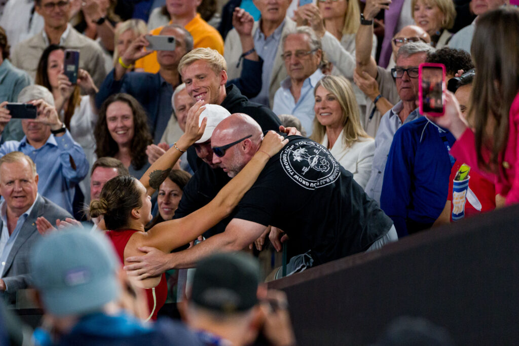 Aryna Sabalenka celebrating her 2024 Australian Open win with her coaches