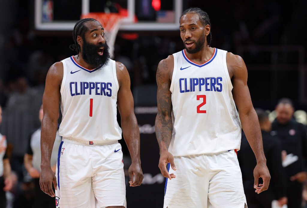 James Harden #1 and Kawhi Leonard #2 of the LA Clippers converse