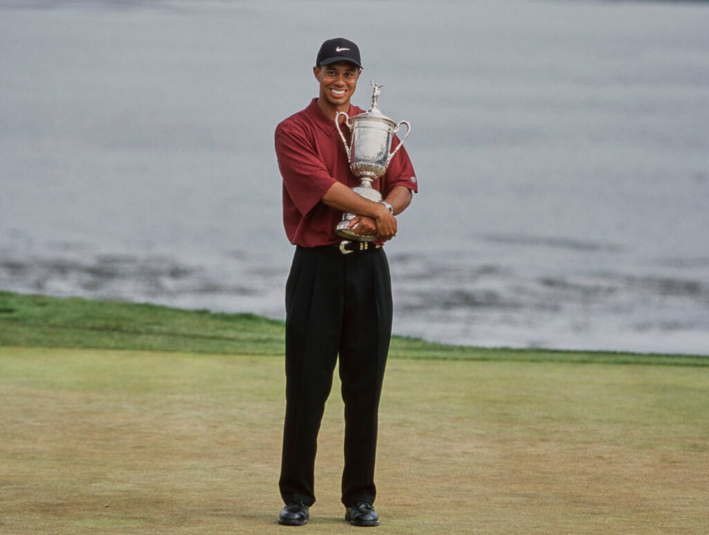Tiger Woods celebrates after winning the 100th US Open Golf Championship