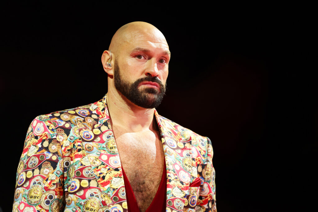 Tyson Fury looks as he is interviewed by DAZN on the Knockout Chaos boxing card