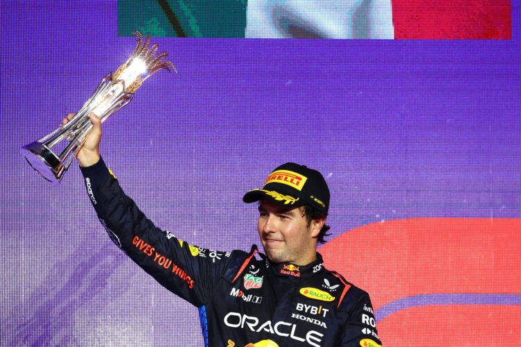 Sergio Perez celebrates after the Saudi Arabia Grand Prix