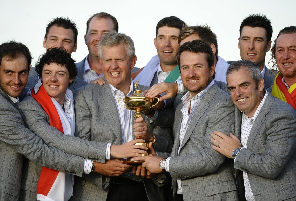 Team Europe celebrate with the Ryder Cup after their victory in 2010