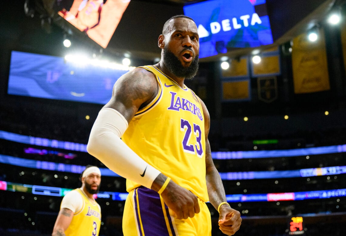 Los Angeles Lakers forward LeBron James (23) reacts after scoring on a fast break layup