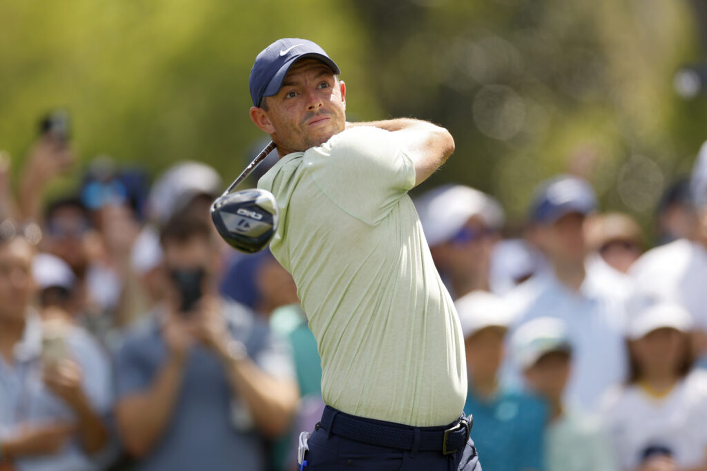 Rory McIlroy of Northern Ireland plays a shot from the tee
