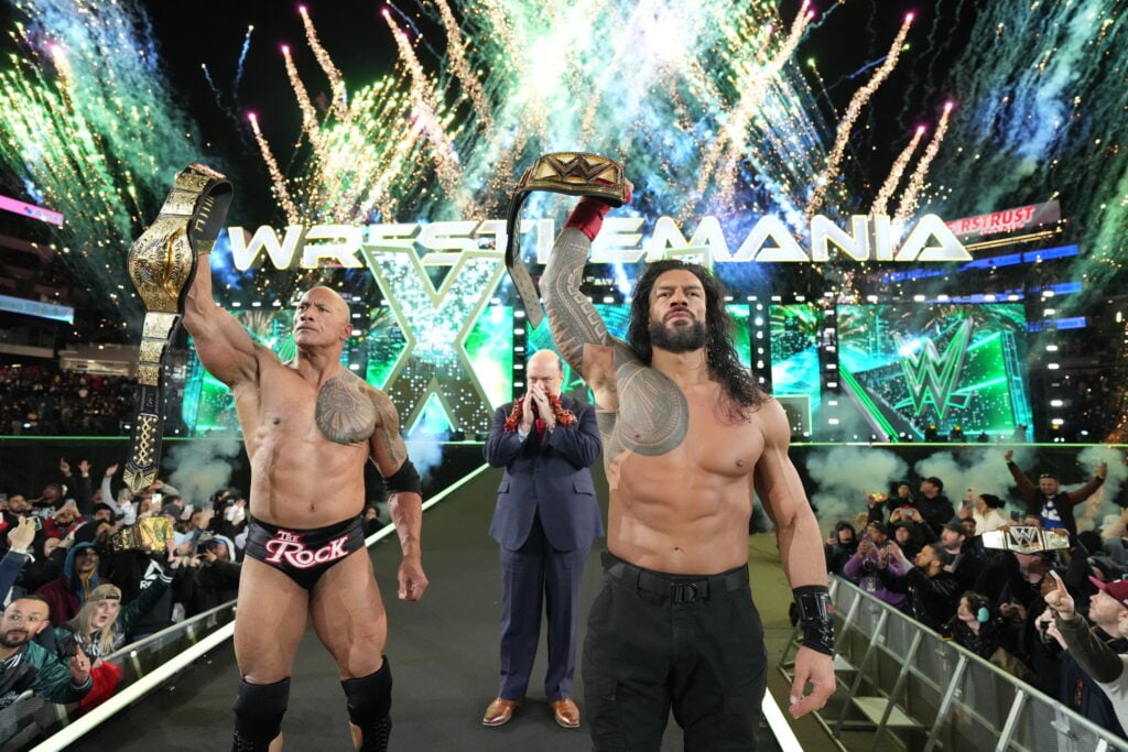 Roman Reigns and The Rock making their entrance on night one of WWE WrestleMania 40