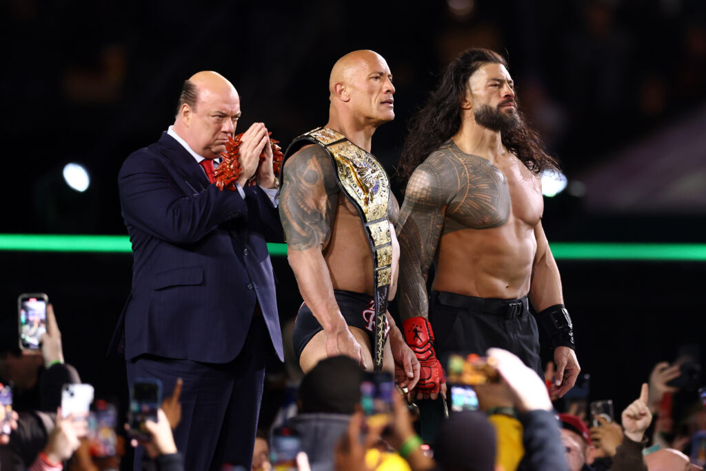 The Rock, Roman Reigns, and Paul Heyman appearing at WrestleMania 40