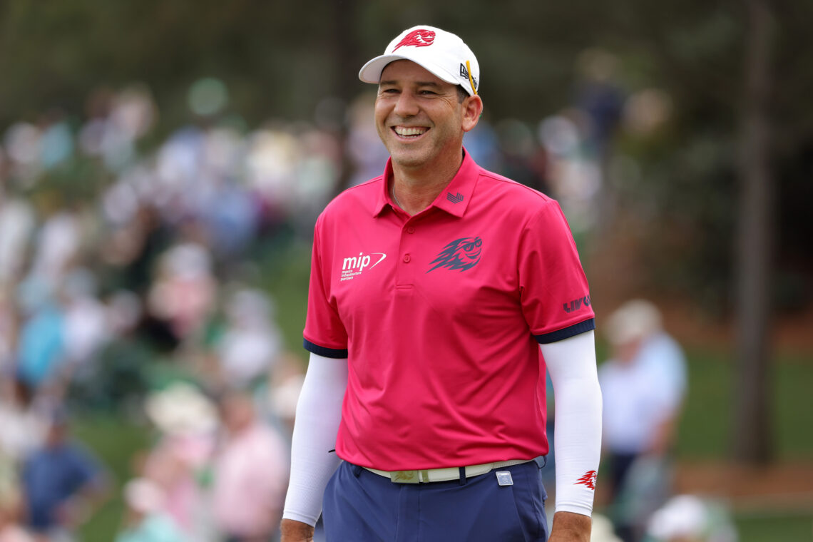 Sergio Garcia of Spain smiles during the Par Three Contest prior to the 2024 Masters