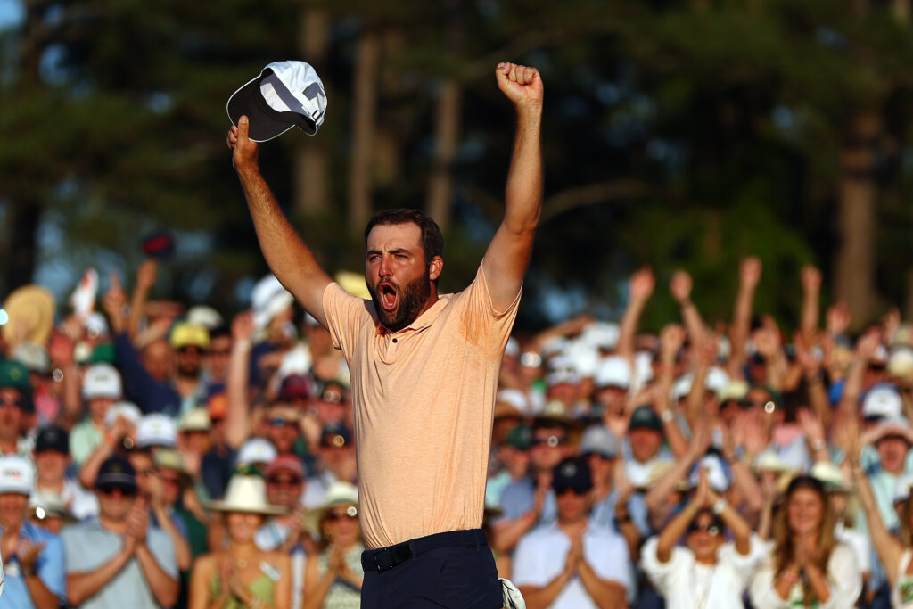 Scottie Scheffler of the United States celebrates on the 18th green after winning the 2024 Masters Tournament