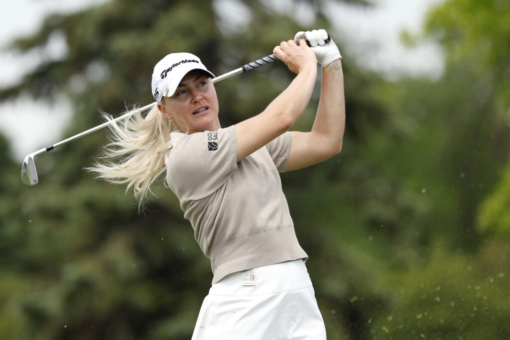 Charley Hull of England plays a tee shot