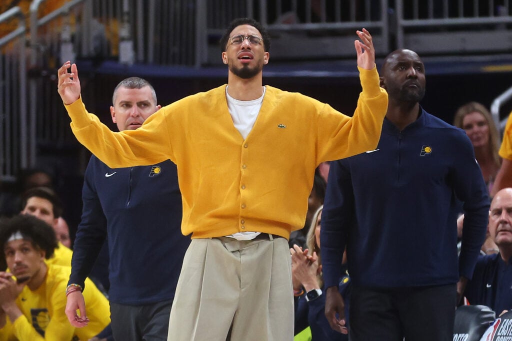 An injured Tyrese Haliburton watching on as his Indiana Pacers get swept by the Boston Celtics in the 2024 Eastern Conference Finals.