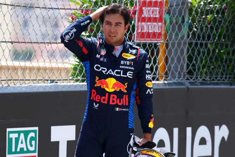 Sergio Perez of Mexico and Oracle Red Bull Racing looks on after crashing at the F1 Grand Prix of Monaco