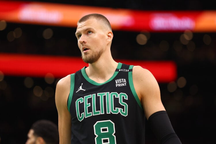 Kristaps Porzingis #8 of the Boston Celtics looks on