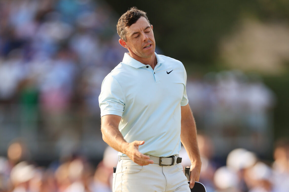 Rory McIlroy of Northern Ireland reacts after finishing the final round of the 2025 US Open