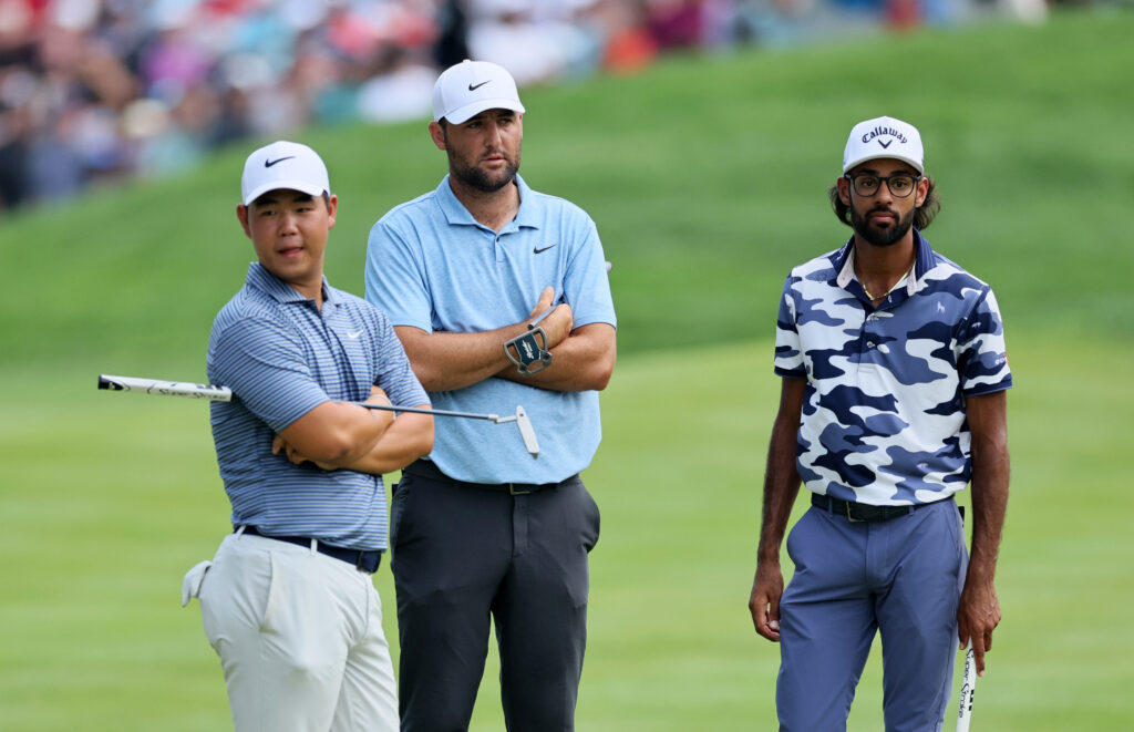 Scottie Scheffler, Tom Kim and Ashkay Bhatia feature during the final round of the 2024 Travelers Championship