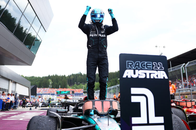 Race winner George Russell of Mercedes celebrates in Parc Ferme after the F1 Grand Prix of Austria.