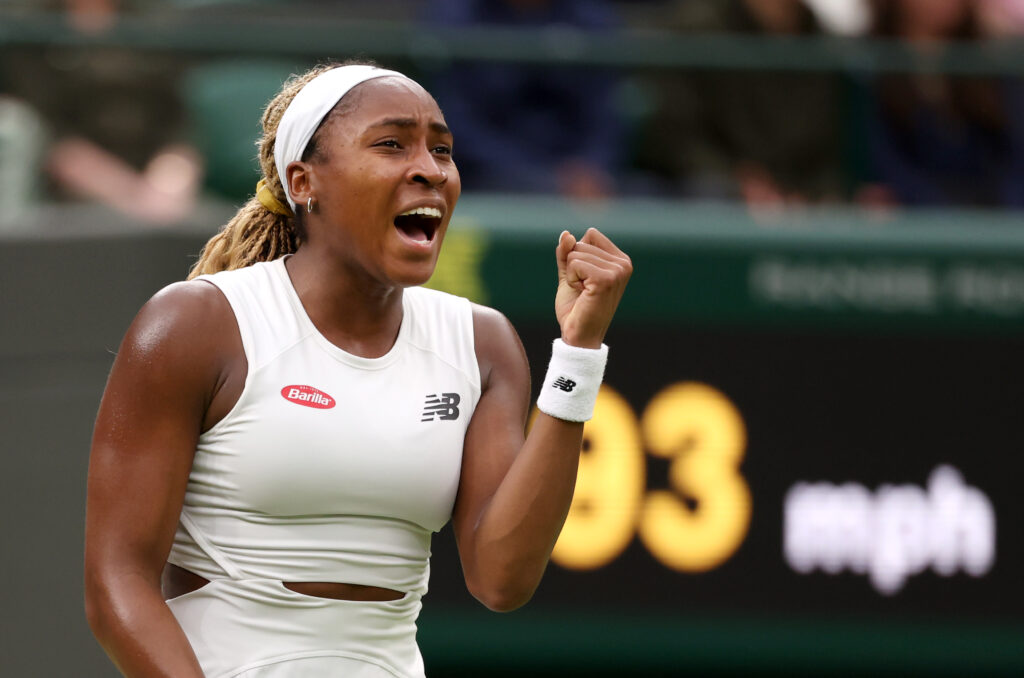 Coco Gauff playing at Wimbledon in 2025