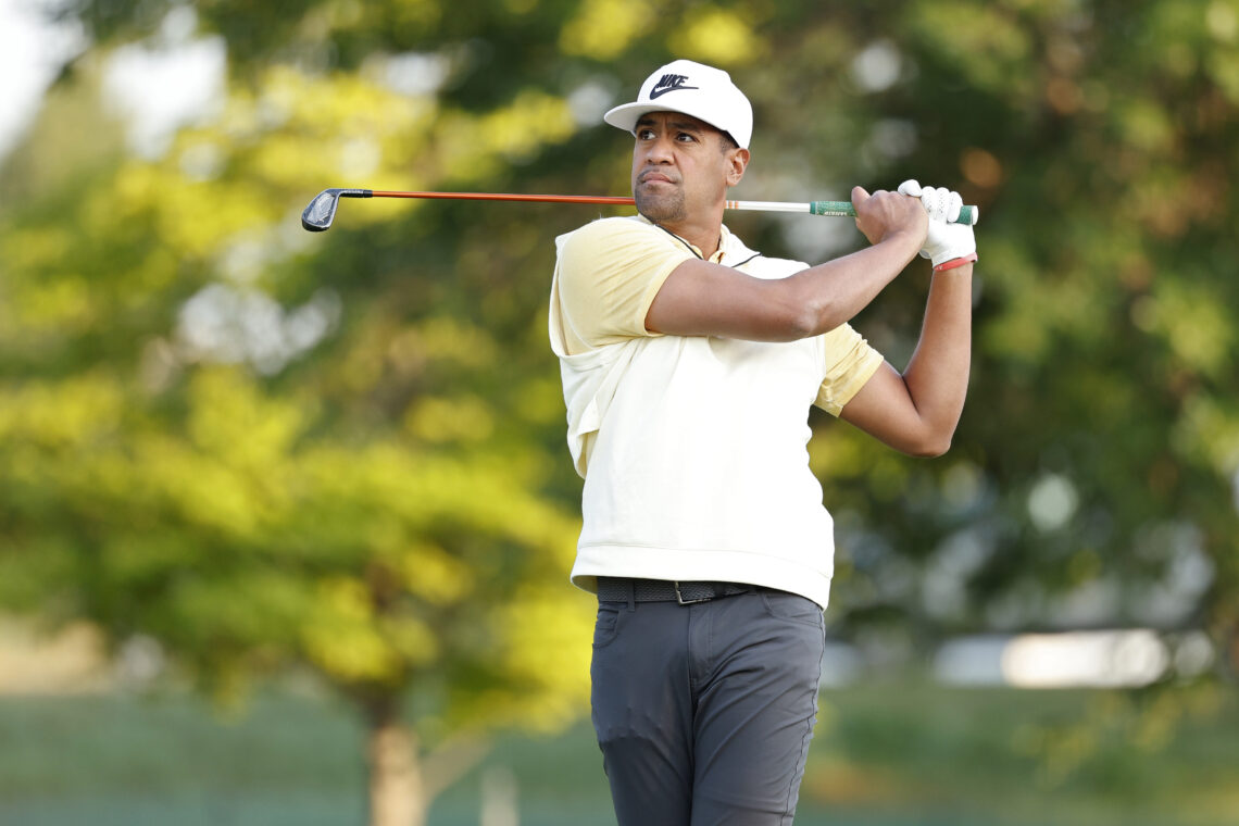 Tony Finau of the United States plays a tee shot