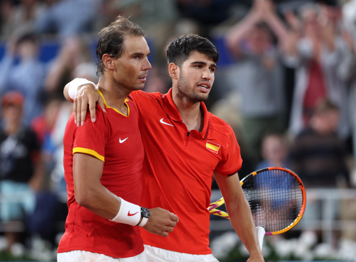 Rafael Nadal and Carlos Alcaraz performing at the 2024 Olympic Games