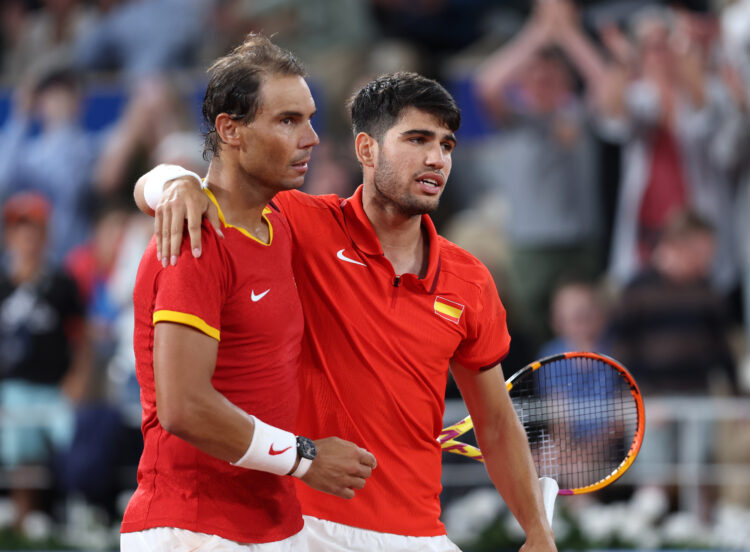 Rafael Nadal and Carlos Alcaraz performing at the 2024 Olympic Games