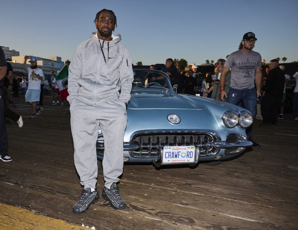 Terence Crawford poses in Santa Monica, California for the Madrimov grand arrivals