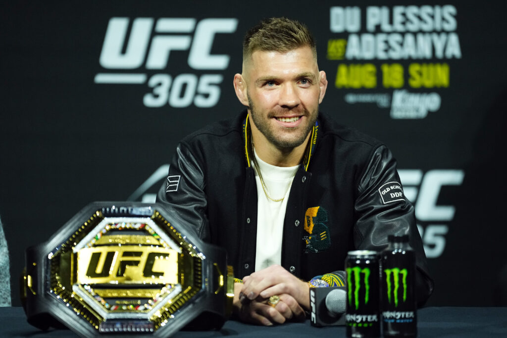 Dricus Du Plessis of South Africa is seen on stage during the UFC 305 press conference