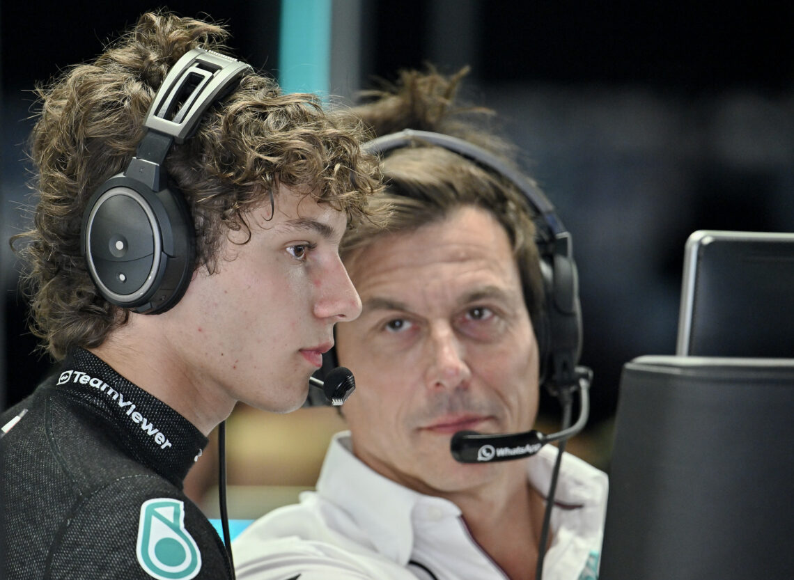 Kimi Antonelli and Mercedes-AMG PETRONAS F1 Team with Team Principal Toto Wolff in the garage
