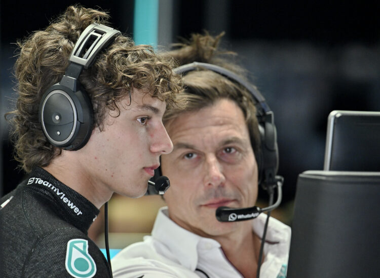 Kimi Antonelli and Mercedes-AMG PETRONAS F1 Team with Team Principal Toto Wolff in the garage