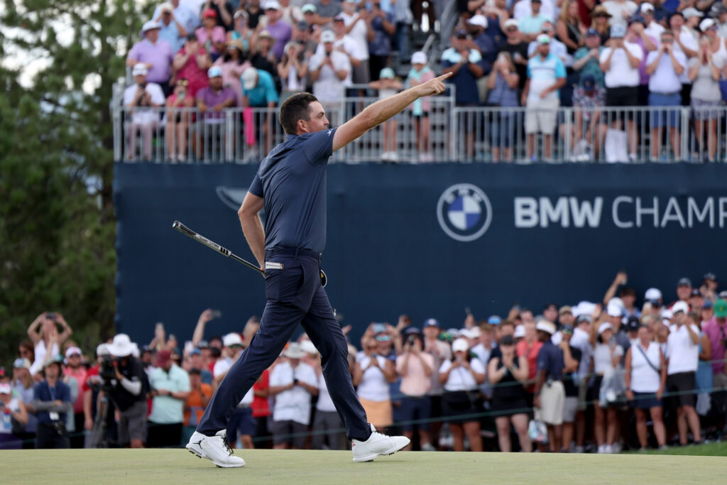 Keegan Bradley of the United States celebrates winning the 2024 BMW Championship.