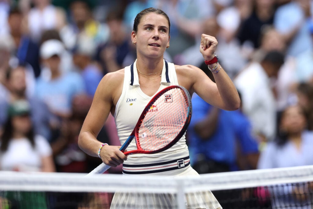Emma Navarro celebrating beating Coco Gauff at the US Open in 2024