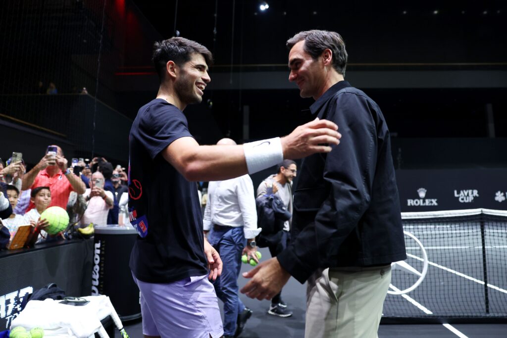 Roger Federer and Carlos Alcaraz of Team Europe speak during a Team Europe practice