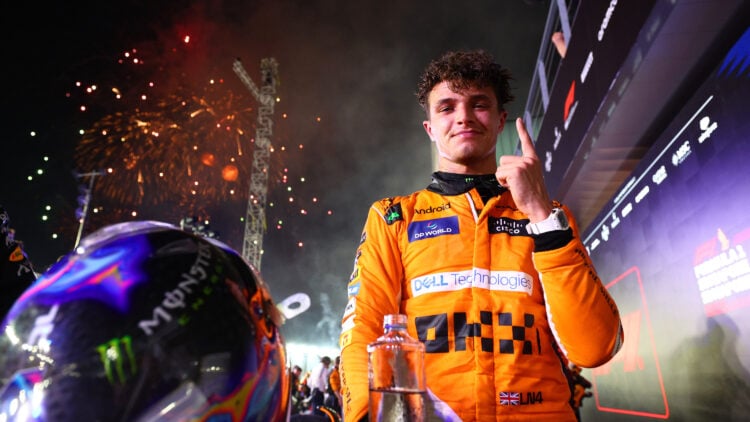 Race winner Lando Norris of Great Britain and McLaren celebrates in parc ferme