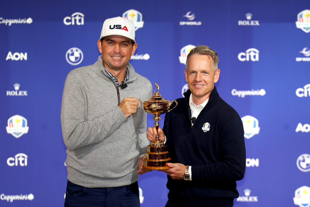 Keegan Bradley of The United States and Donald of England pose for a photograph with the Ryder Cup Trophy
