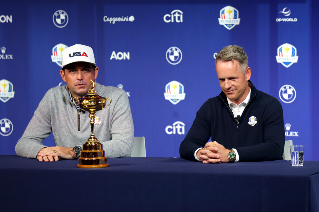 Keegan Bradley of The United States and Luke Donald of England speak at a press conference
