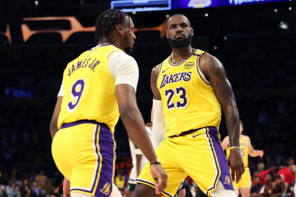 LeBron James and his son Bronny James in action for the LA Lakers against the Minnesota Timberwolves.