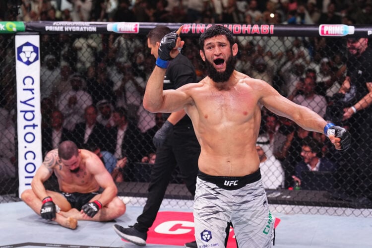 Khamzat Chimaev reacts after a submission victory against Robert Whittaker
