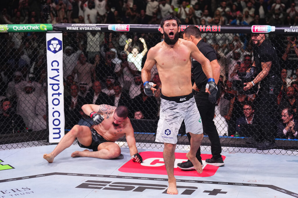 Khamzat Chimaev of Russia reacts after a submission victory against Robert Whittaker