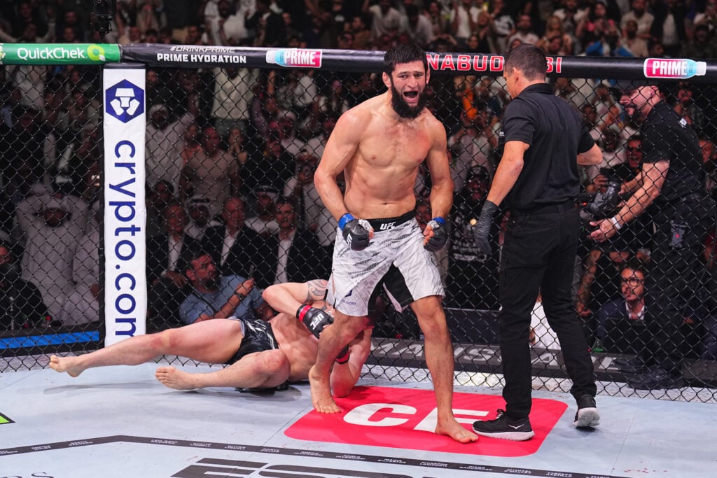Khamzat Chimaev of Russia reacts after a submission victory against Robert Whittaker