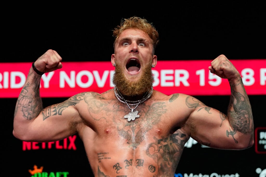 Jake Paul poses at Mike Tyson weigh-in