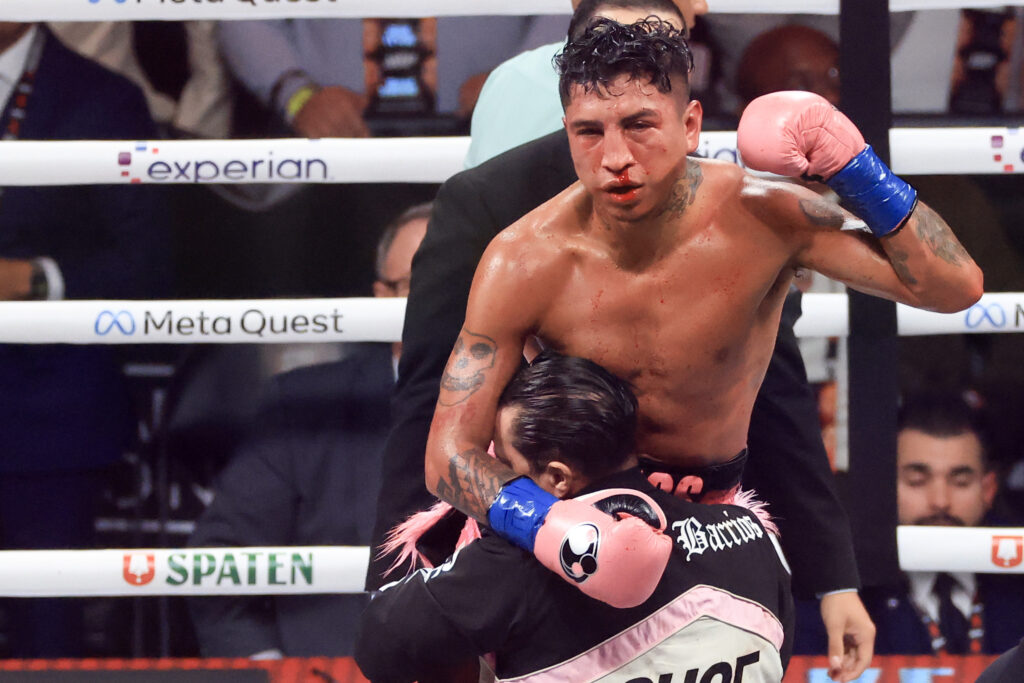 Mario Barrios celebrates after his WBC welterweight title