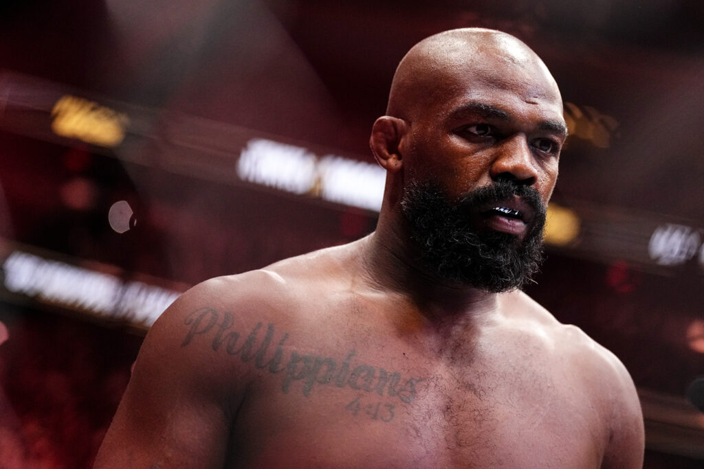 Jon Jones enters the Octagon for his heavyweight title fight against Stipe Miocic at UFC 309