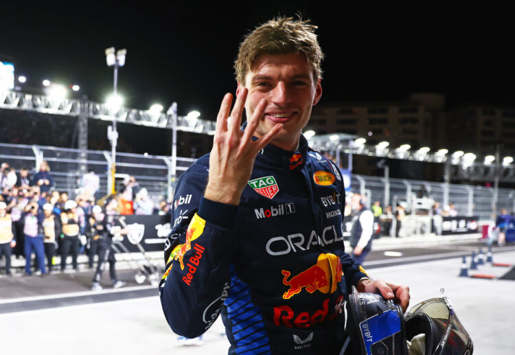 Red Bull's Max Verstappen celebrates winning his fourth Driver's Championship.