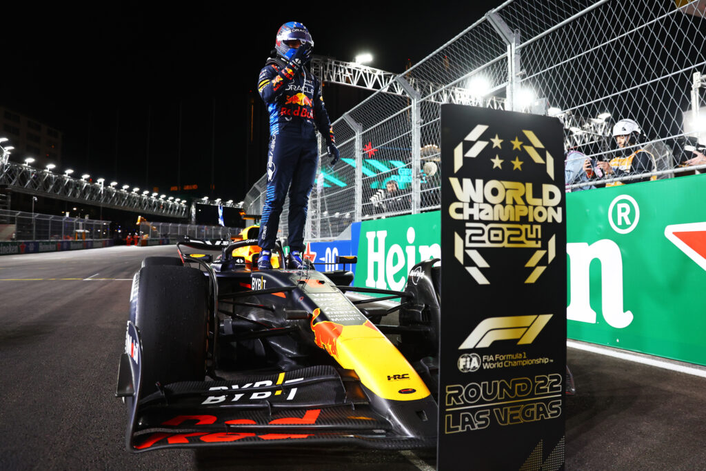 Drivers Champion Max Verstappen of the Netherlands and Oracle Red Bull Racing celebrates in parc ferme