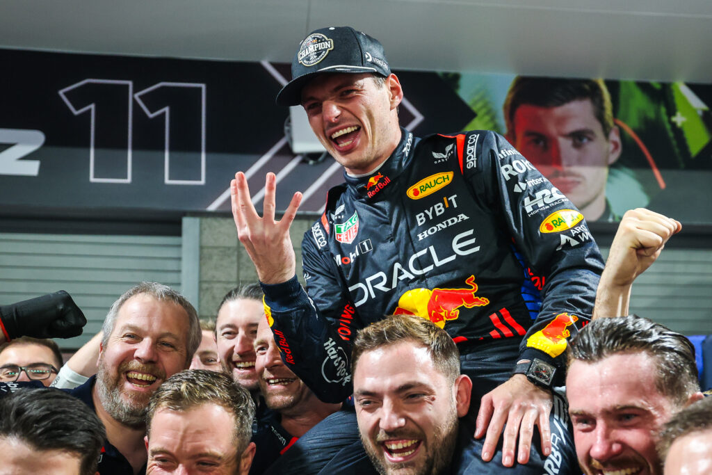 Max Verstappen of Netherlands and Oracle Red Bull Racing celebrates his fourth World Drivers' Championship