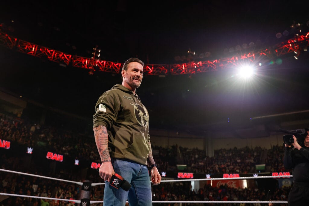 CM Punk cutting a promo on WWE Monday Night RAW in December, 2024