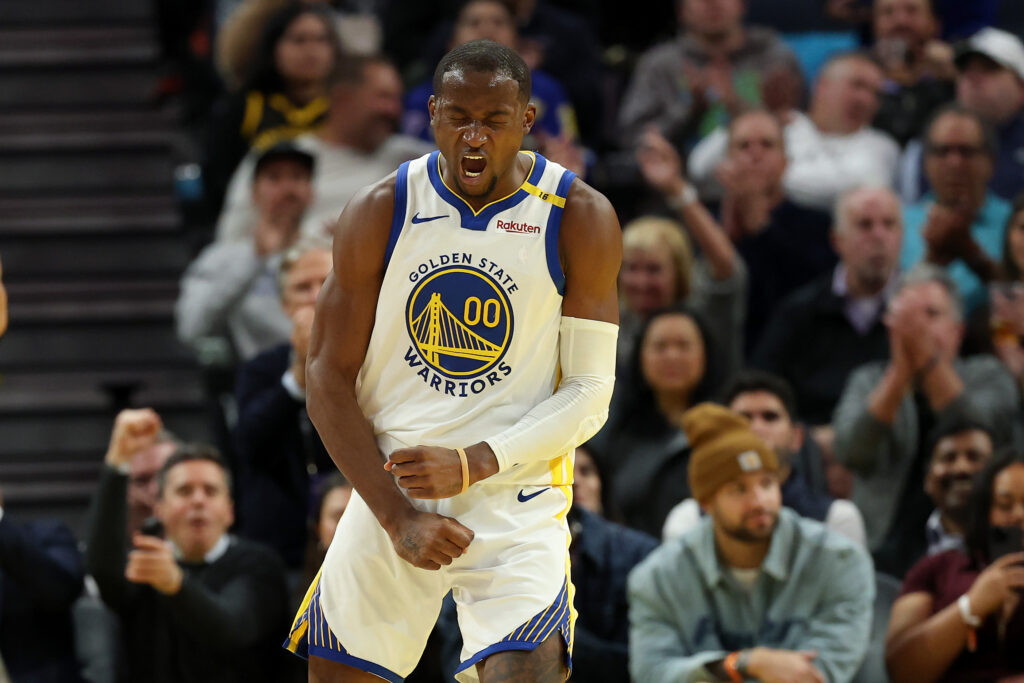 Jonathan Kuminga #00 of the Golden State Warriors reacts after making a basket