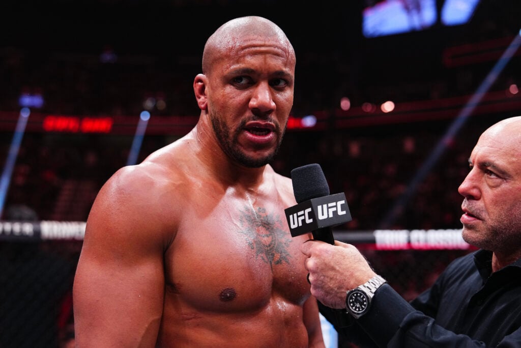 Ciryl Gane of France is interviewed by Joe Rogan after a heavyweight bout against Alexander Volkov