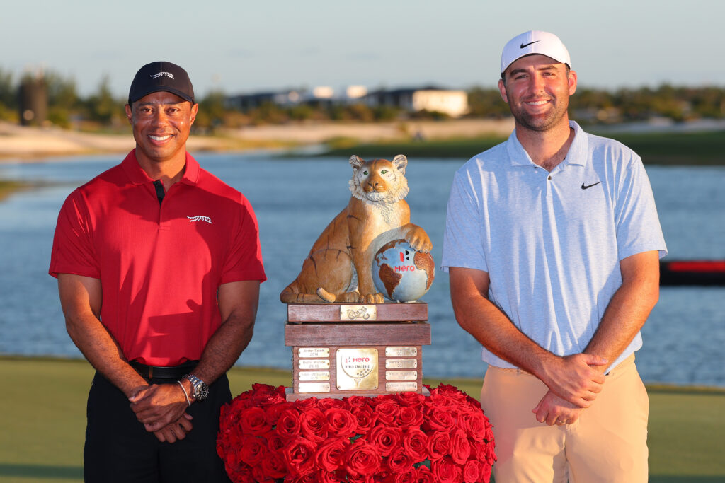 Tiger Woods and Scottie Scheffler pose after the Hero World Challenge 2024 - Final Round