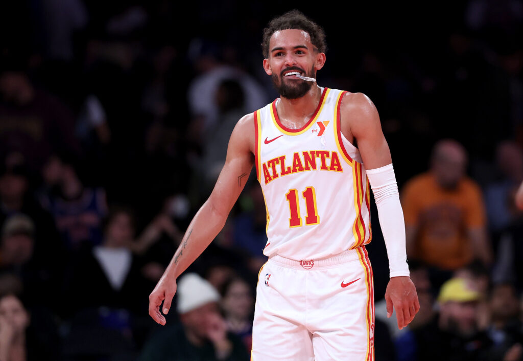 Trae Young #11 of the Atlanta Hawks celebrates